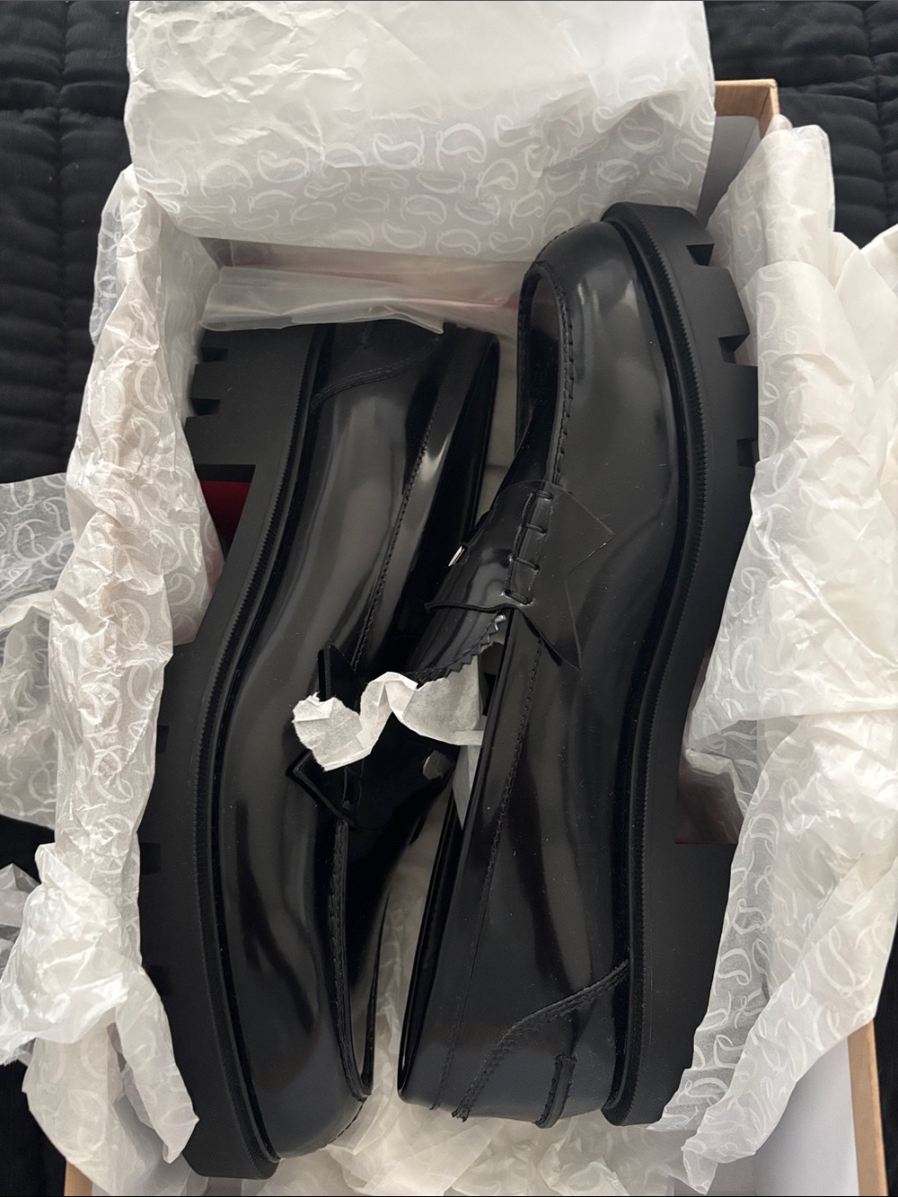 Christian Louboutin Black Patent Chunky Sole Loafers Penny Lug Donna Flat